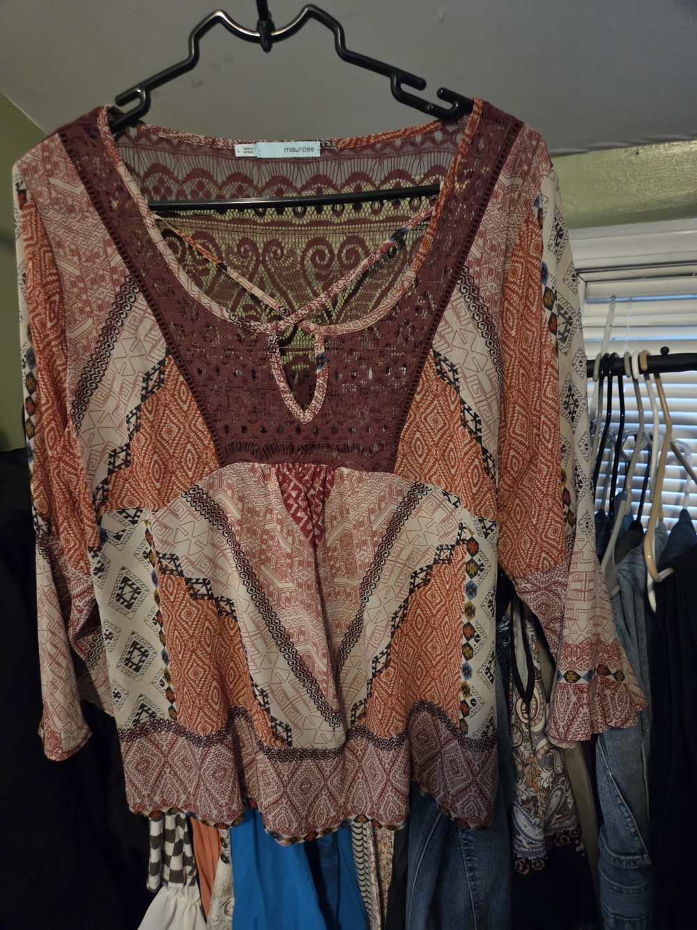 Maurices Mixed Print Rust Boho Peasant Top